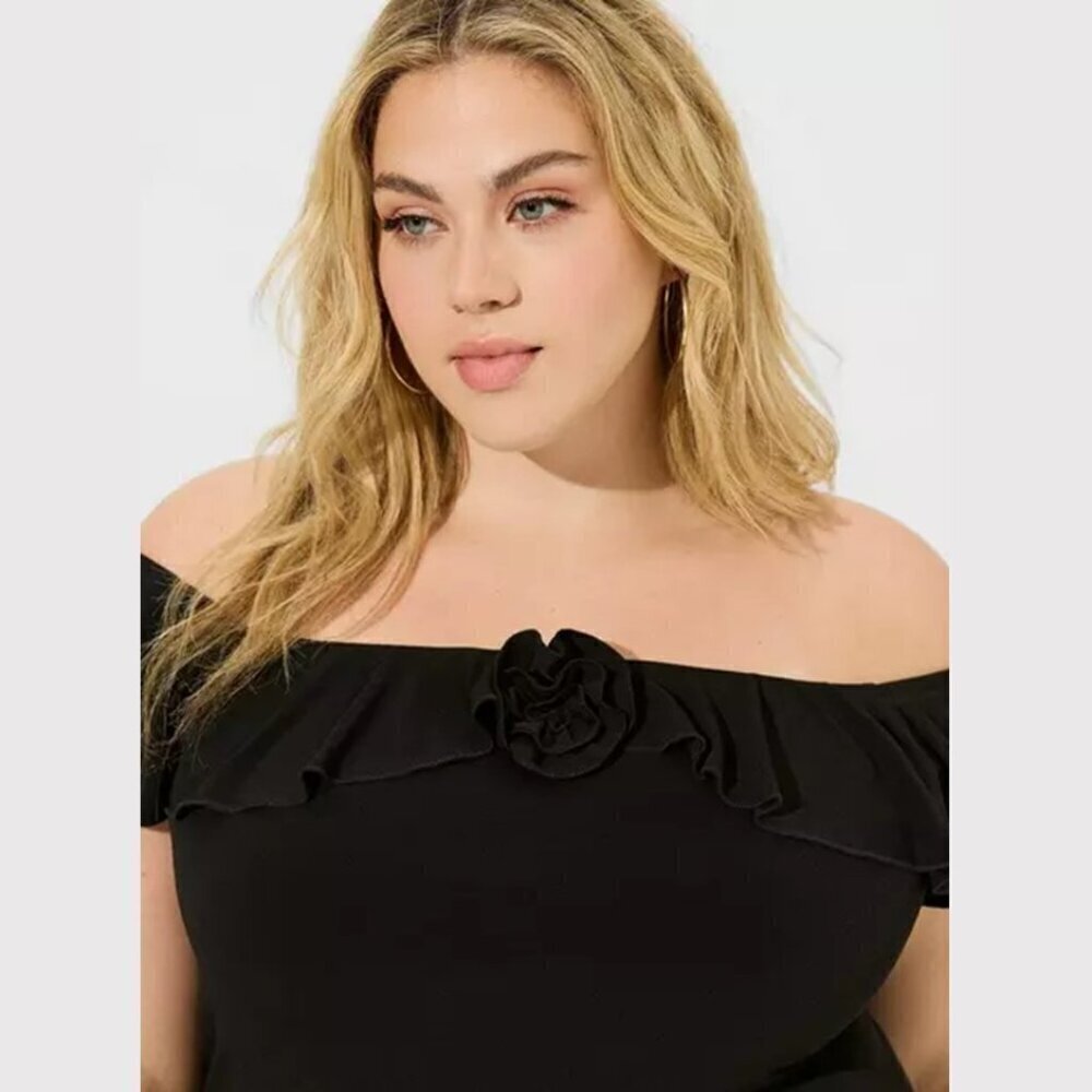 Torrid - Studio Knit Off Shoulder Ruffle Rosette Top in Deep Black​​​​​​